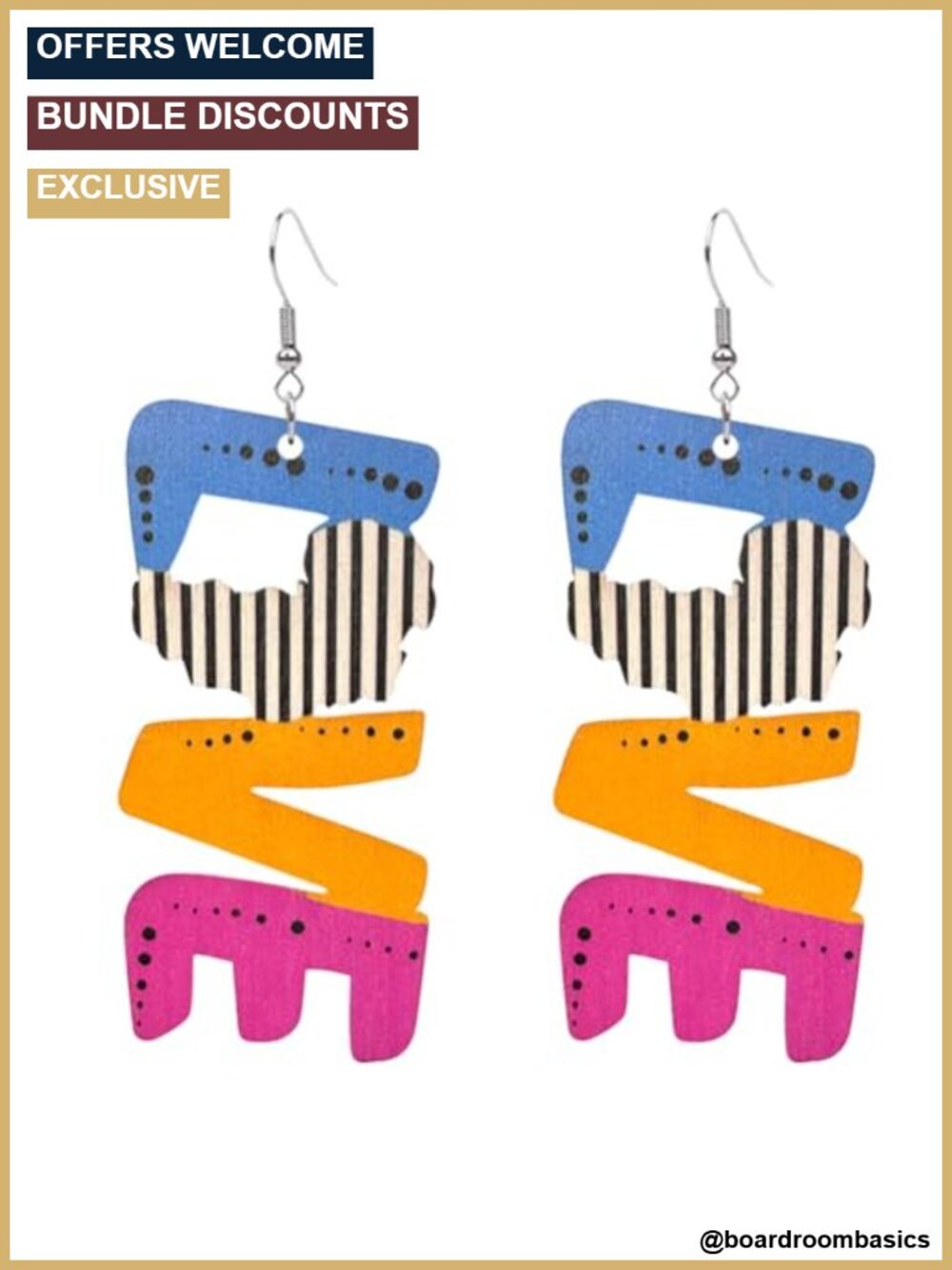 Wooden LOVE African Map Drop Earrings Ethnic Natural Lightweight
